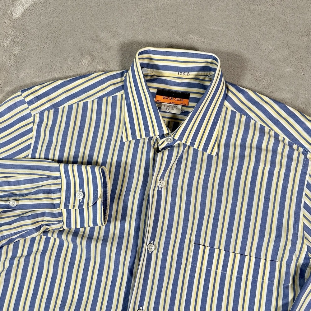 Davide Cenci Mens Large 15.5 Striped Cotton Button Down Shirt Blue Yellow Italy